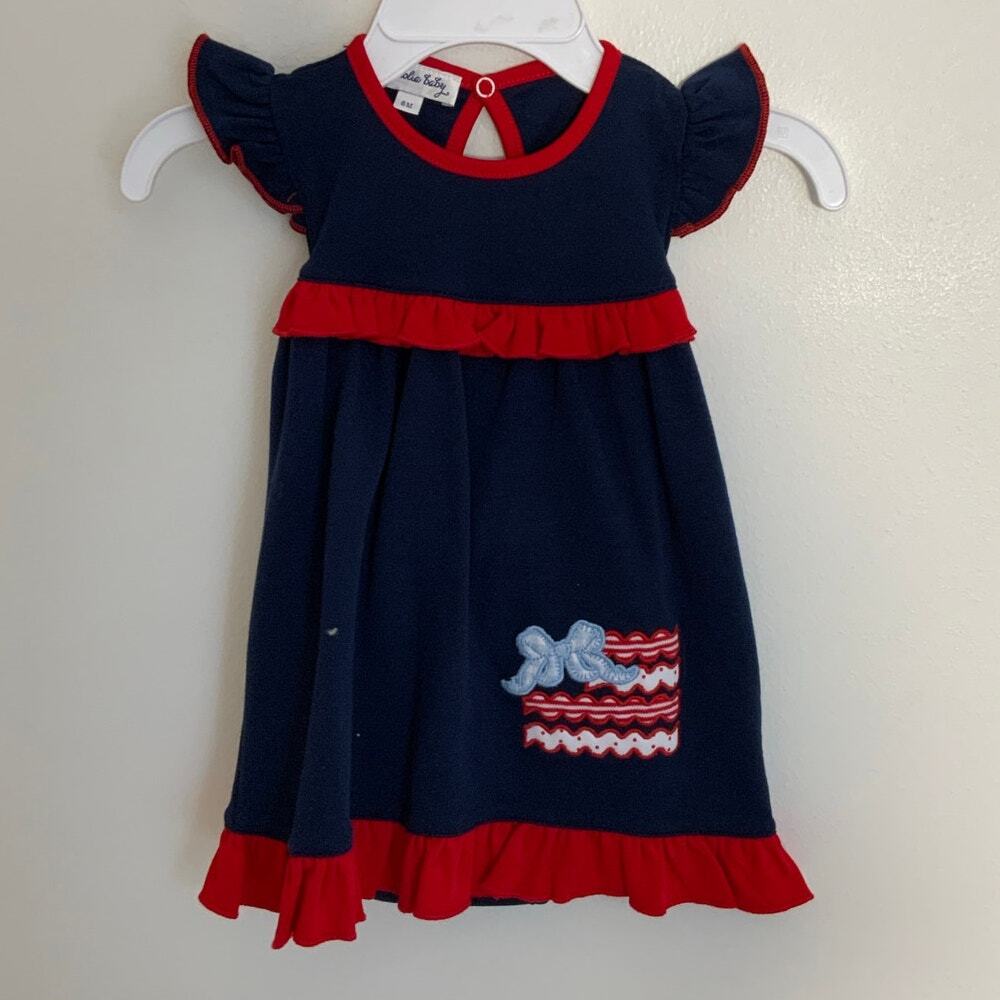 Magnolia Baby Red, White, Blue Cute Flag Applique Flutters Dress 6mo